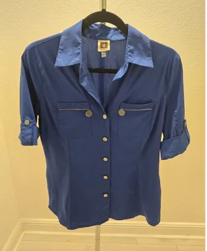 Anne Klein Royal Blue Utility Shirt Button Up Roll Tab Sleeve Zip Pocket Women S thumbnail 1