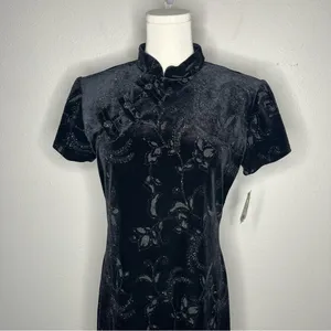 NEW Vintage Dressbarn Beaded Floral Velvet Qipao Cheongsam Maxi Dress Deadstock thumbnail 3