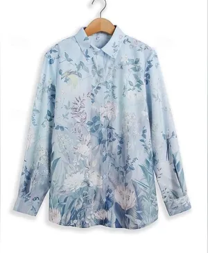 Blue Floral Blouse Top Linen Feel Pastel Lightweight Cottagecore Grandmacore L thumbnail 1