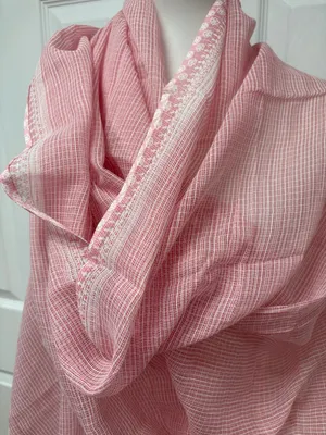 Pink and White Lightweight Puree Cotton Patterned Shawl‎ or Scarf - 97" x 32". thumbnail 3