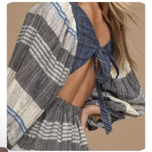 Free People All Lined Up Blue Multi Striped Puff Sleeve Mini Dress thumbnail 3