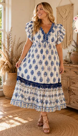 NWT - 1X - ME 2 MAGIC - Blue & White Boho Maxi Dress with V-Neck thumbnail 1
