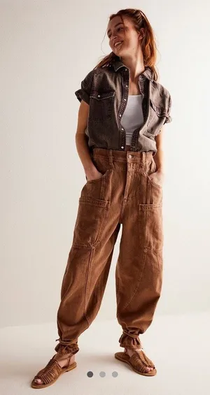 Free People We The Free New School Warm Brown Relaxed Straight Leg Cargo Jeans thumbnail 1
