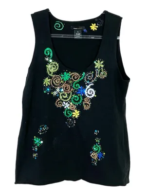 BCBGMaxAzria Black Sequin Swirl Embroidered Tank Top Scoop Neck Womens XL thumbnail 1
