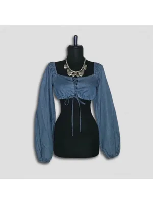 Forever 21 Chambray Blue Cropped Long Sleeve Top Small thumbnail 2