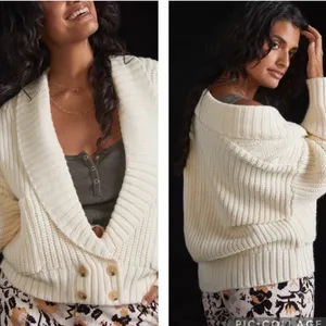 Anthropologie Deep V Wool Blend Oversized Ivory Cardigan Sweater Size Small thumbnail 3