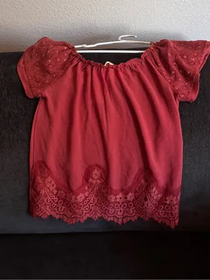 ELF Deep Burgundy Lace Flutter Sleeve Blouse Red thumbnail 2