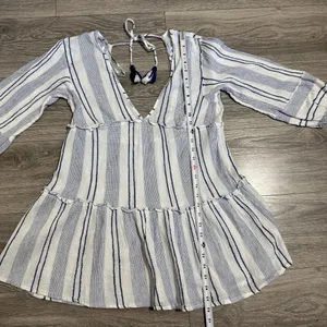Blue Island‎ Women Boho Swim Cover Up Blue/White/Stripe Long Bell Sleeve Sz S thumbnail 11