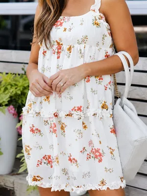 White Floral Babydoll Mini Dress Tiered Ruffle Sleeveless Boho NWT thumbnail 3