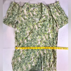 CAbi Faux Wrap Dress Green Tan Hawaiian Tropical Floral Leaf Boho Indie Sz Small thumbnail 2