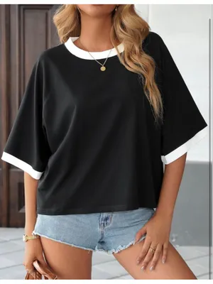 NEW LilyCoco Ringer Tee Casual Oversized Raglan Short Sleeve Shirt L thumbnail 7