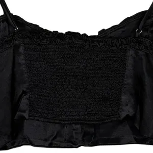 Zara Ruffled Satin Crop Top Adjustable Straps Front Buttons Smocked Back M Black thumbnail 10
