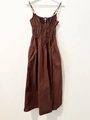Sim and Sam Milkmaid Poplin Midi Dress Size XS Chocolate Brown Cottagecore Boho thumbnail 2