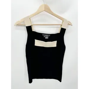 Black Cream Square Neck Knit Tank Top Sleeveless Contrast Trim Sz M Quiet Luxury thumbnail 2