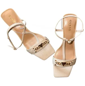 NEW Guess Off White Square Toe Chain Sandals T-Strap Heeled Mules with Gold thumbnail 1