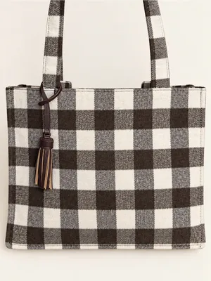 Brown Cream Buffalo Plaid Check Tote Bag Tassel Shoulder Handbag thumbnail 1