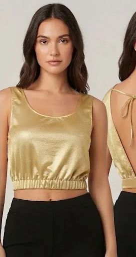 Double Zero Gold Metallic Open Back Tie Crop Top Sleeveless Blouson Lrg Holiday thumbnail 1