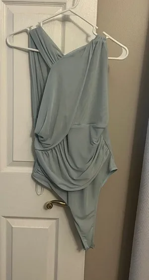 ZARA One-Shoulder Draped Bodysuit in light blue thumbnail 1