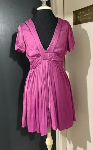 Anthropologie Magenta Pleated V-Neck Mini Dress with Draping in Silky Fabric 💜 thumbnail 1