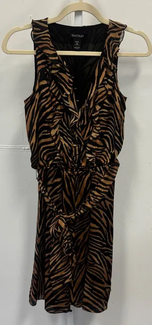 White House Black Market Silk Tiger Print Ruffle Knee Length Dress Brown Blk 00 thumbnail 1