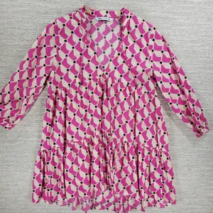 Zara Geometric Babydoll Dress Womens Medium Pink High Low Tunic Tiered Loose Fit thumbnail 12