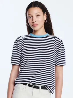 Free Assembly Top Womens XL Navy White Striped Puff Sleeve Ringer Tee Cotton thumbnail 1