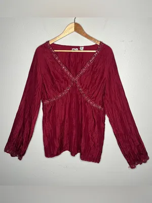 Vintage Red Textured Silk Beaded Neckline Babydoll Top Vampy Y2K Fairy Blouse thumbnail 2