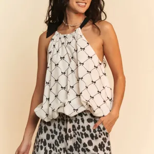 Davi & Dani Ribbon Checker Printed Tie Halter Neck Blouse Top‎ thumbnail 3