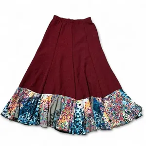 Bohemian Maxi Skirt Tiered Patchwork Ruffle Floral Print‎ Burgundy Boho Festival thumbnail 2