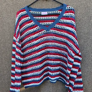 Pink Lily red, white, and blue striped crochet knit sweater top women’s Sz L thumbnail 5