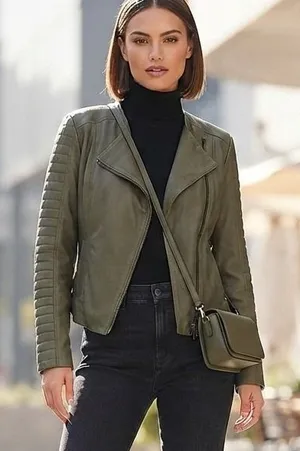 Cupcakes & Cashmere Moto Jacket Olive Green‎ Faux Suede Asymmetric Zip Vegan M thumbnail 1