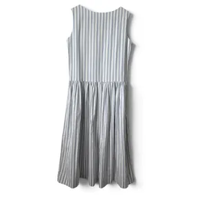 Vintage Blue White Striped Sleeveless Midi Dress Button Shoulder Drop Waist thumbnail 2
