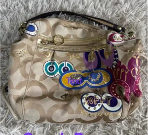 Vintage Coach Poppy Graffiti Glam Shoulder Bag Khaki Monogram Multicolor Sparkle thumbnail 1