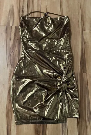 REVOLVE Superdown Gold Shimmer Mini Dress Cocktail Size XS Cowl Knot Hem Lined thumbnail 1