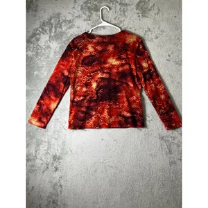 Vintage Y2k Velvet Floral Mesh Top Boho VNeck Long Sleeve Red Orange Medium thumbnail 3
