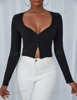 SheIn Ribbed Button Front Crop Top thumbnail 1