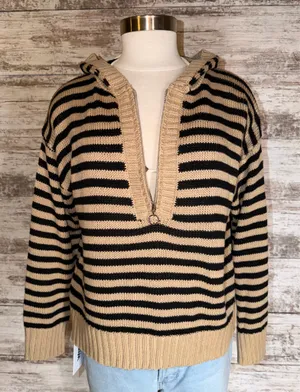 Princess Polly Tan and Black Hooded 1/2 Zip Striped Sweater thumbnail 1
