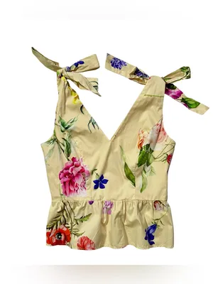 Express Floral Yellow Tie Shoulder Peplum Top thumbnail 2