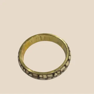 VTG Bone Mosaic Brass Bangle | African Statement Bracelet | Handmade Bone Inlay Brown thumbnail 2