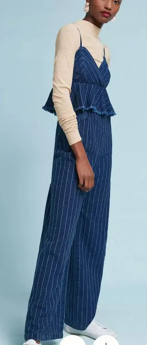 Anthropologie‎ Ett:twa Striped Denim Peplum Jumpsuit Wide Leg Blue Pinstripe LG thumbnail 1