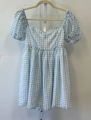 Sugar Thrillz Dolls Kill‎ Mini Dress Gingham Plaid Puff Sleeve XS A-line Blue thumbnail 1