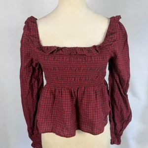 New American Eagle Long-Sleeve‎ Smocked Ruffle Plaid Top Red Gingham Women Small thumbnail 4
