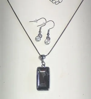 Dark Gray Smoky Gray Rectangle Pendant Necklace and Earrings Set thumbnail 1