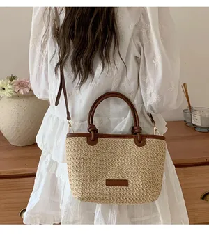 Women’s stylish beige brown handwoven Straw Fabric Tote crossbody shoulder Bag thumbnail 1