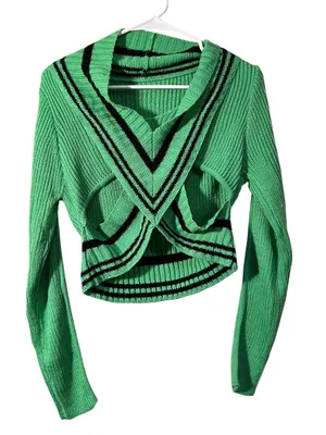 Women’s Size XL V-Neck Cut Out Sweater Green Black Stripes Ribbed Long Sleeve thumbnail 1