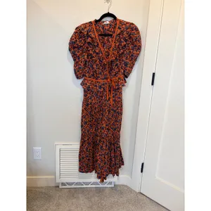 Ulla Johnson Lisette Rust Blue Floral Puff Sleeve Ruffle Wrap Midi Dress thumbnail 4