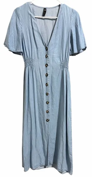 Zara Midi‎ Button UP Dress Lyocell Denim Lightweight V-Neck Women's Size Small thumbnail 1