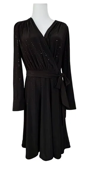DKNY Faux Wrap A-Line Dress 8 Black Sparkle LBD Party‎ Holiday NWT $150 thumbnail 1