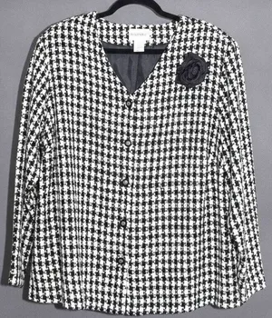 Fashion Bug Black White Houndstooth Tweed Collarless Blazer Rosette Pin 22/24 thumbnail 1