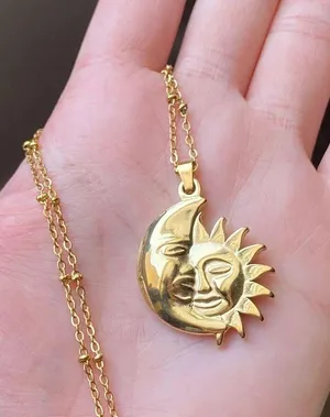 Handmade gold tone stainless steel whimsical vintage boho style sun & moon necklace🌛🌞 thumbnail 2